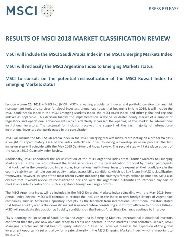 Microsoft Word - RESULTS OF MSCI 2018 MARKET CLASSIFICATION REVI